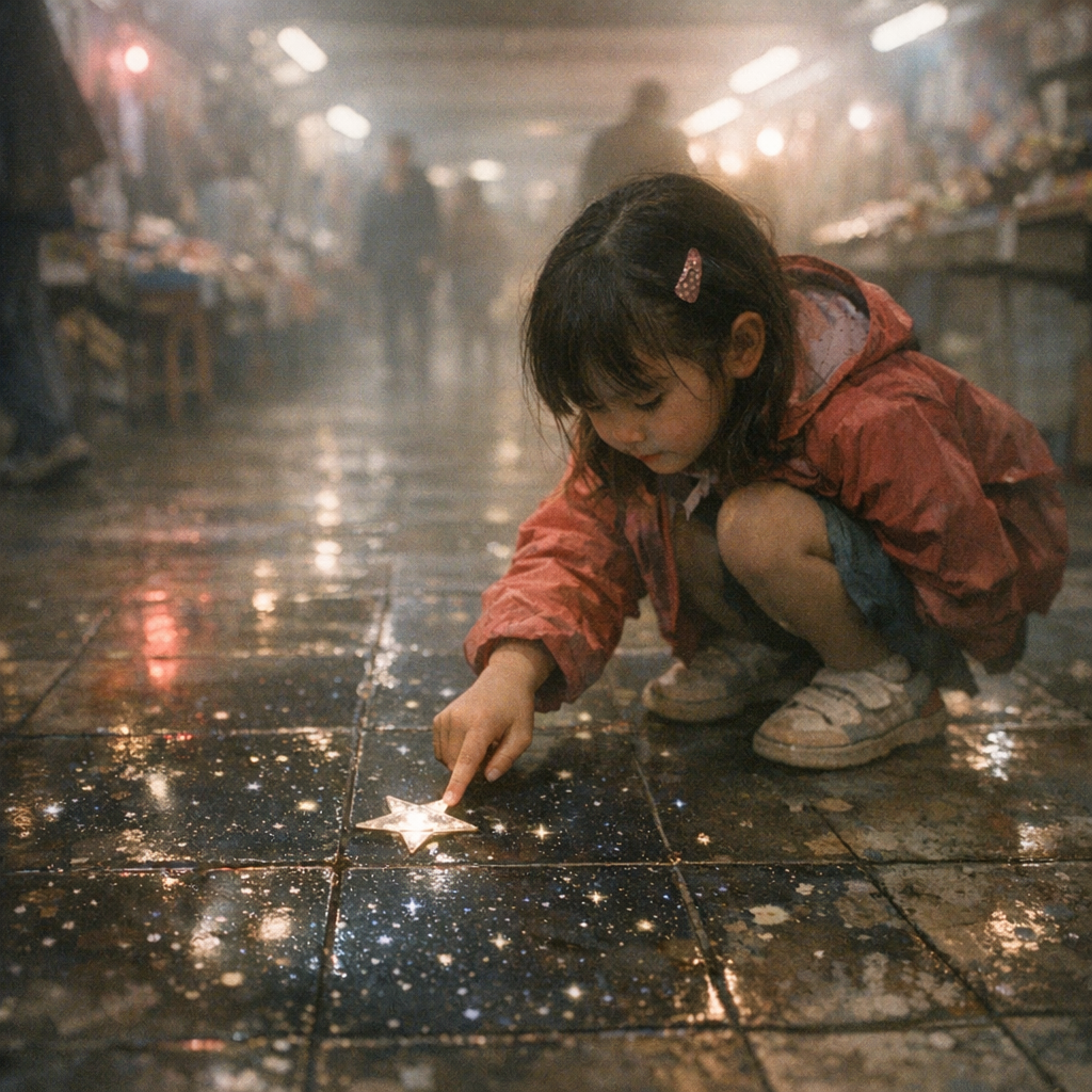 Tiled Reflections Beneath Market Lights